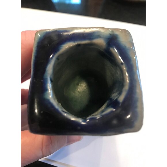 Vtg Handmade 1980's Cobalt Blue Ceramic Vase Pencil Pen Holder Heavily Glazed - Picture 4 of 6